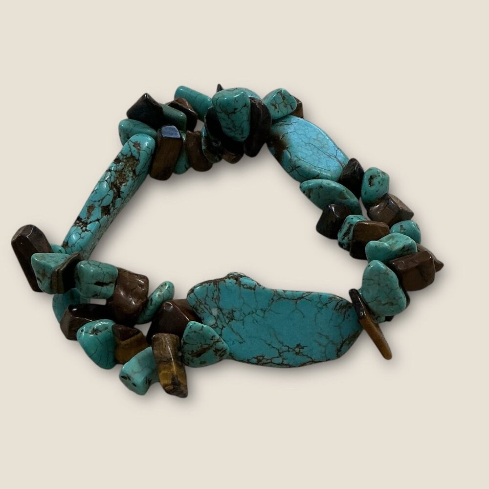 Vintage Stretch Faux Turquoise Chunky Stone Bracelet With Brown Accents